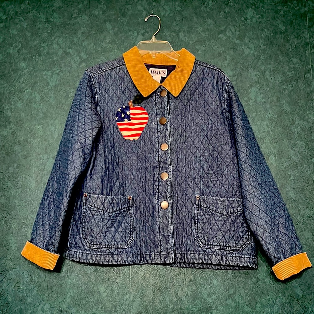 Vintage Quilted Jean Barn Jacket with Corduroy Trim and Apple Appliqués - Large